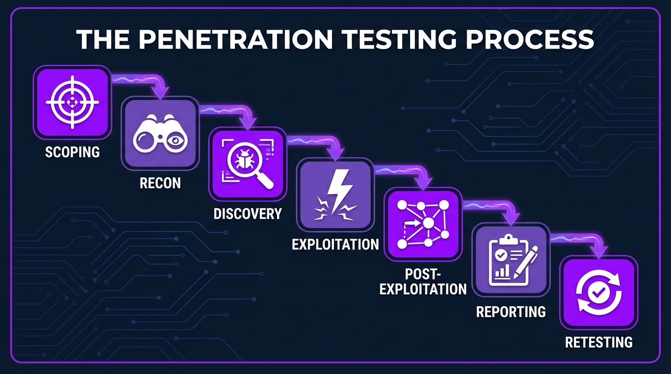 Penetration Testing Process Flowchart — Seven Phases from Scoping to Retesting